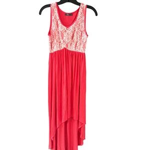 Pinc 2010s Women Coral Pink White Lace High Low Empire Waist Sleeveless Dress XL